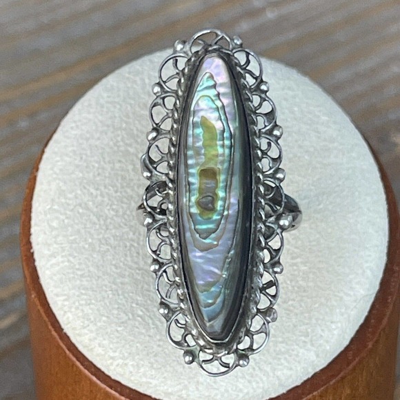Beautiful ANTIQUE VINTAGE Sterling Silver & Abalone Shell Ring Size 5 - Picture 9 of 11